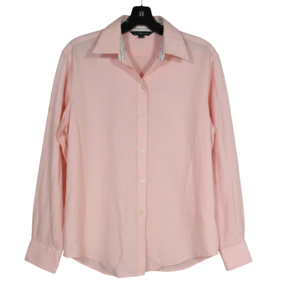 LAUREN RALPH LAUREN Women's PINK Lightweight LINEN Button-Up LOGO Shirt/Top Sz L
